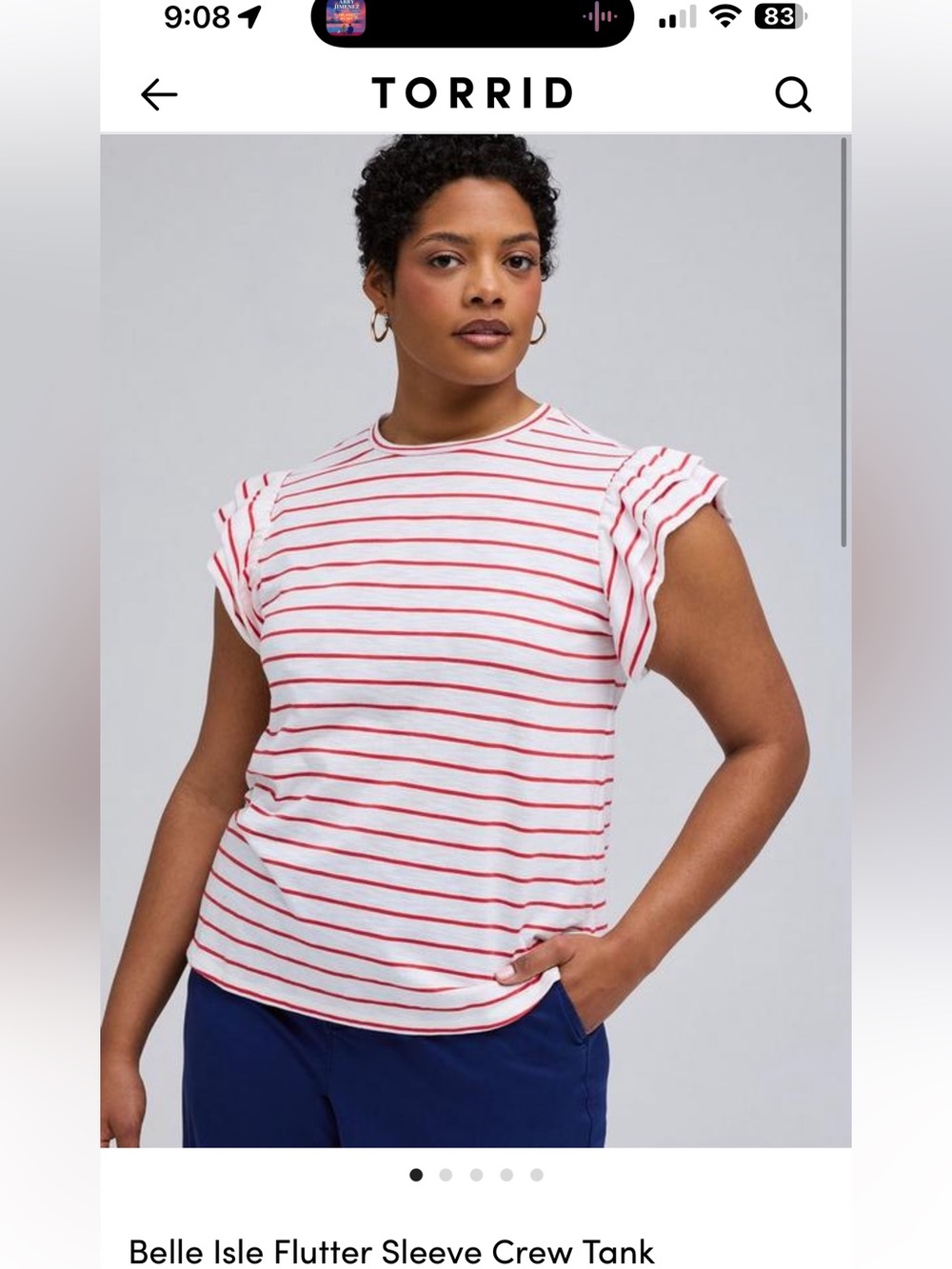 NWT Torrid Belle Isle Size 00 Red Stripe Flutter Sleeve Crew Tank